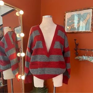 Vintage Grey & Red Fisherman’s Deep V Neck Sweater
